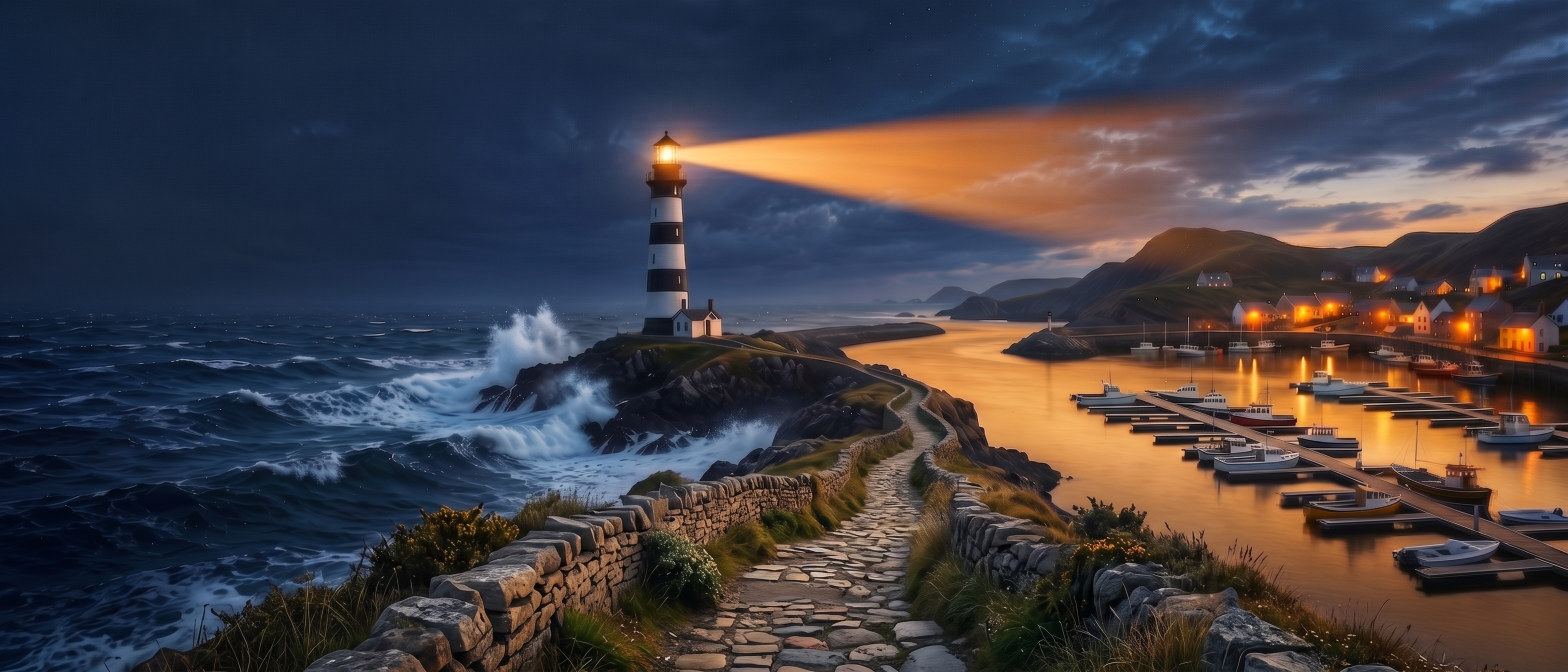 A lighthouse casting a warm golden beam over a calm harbor with distant storm clouds